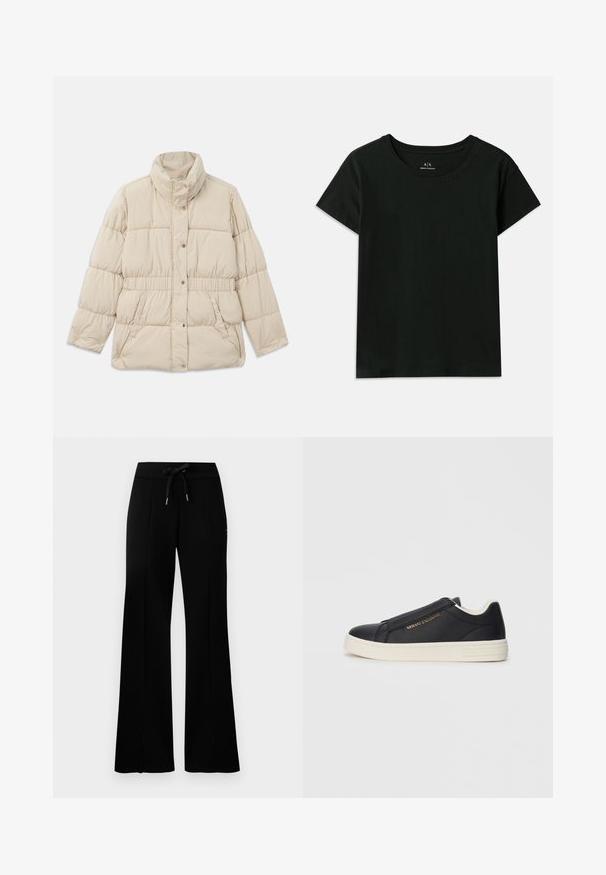 Bežna oblazinjena jakna z visokim ovratnikom, zapiranjem na pritisne gumbke, elastičnim pasom in dvema stranskima žepoma. Gladka tekstura z quilted dizajnom.; Črna kratka majica s kratkimi rokavi, narejena iz bombaža. Ima okroglo izrez in embosirano besedilo "Armani Exchange" ob rami. Preprost dizajn.; Črne široke trenirke z elastičnim pasom na vrvico, stranskimi razporki, mehkega materiala in elegantnim dizajnom.; Črne usnjene slip-on superge z belim podplatom, z zlatim logotipom "Armani Exchange" na strani in minimalističnim šivanjem.
