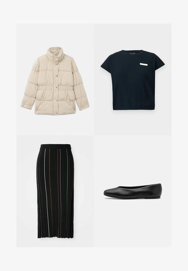 Casaco acolchoado bege com gola alta, fecho de botão de pressão, cintura elástica e dois bolsos laterais. Textura suave com design matelassé.; Top preto canelado de mangas curtas com decote redondo, apresentando um pequeno rótulo branco no peito, feito de um tecido macio semelhante ao algodão.; Saia plissada preta com riscas verticais em amarelo, laranja, vermelho, verde e branco. Apresenta uma cintura ajustada e uma bainha ligeiramente desigual.; Paul Smith TOPANGA - Sabrinas - black