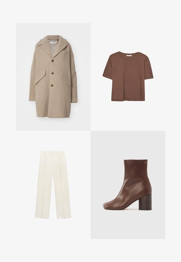 MM6 Maison Margiela COAT - Cappotto classico - beige; Maglietta a maniche corte marrone realizzata in tessuto morbido, con scollatura rotonda e vestibilità rilassata. Nessun motivo o dettaglio visibile.; Pantaloni a gamba larga di un leggero colore crema. Realizzati in un tessuto morbido con pieghe sul davanti e tasche laterali.; Stivaletti alla caviglia in pelle marrone con texture liscia, punta quadrata e tacco robusto in legno, dotati di una semplice cerniera lungo il lato.