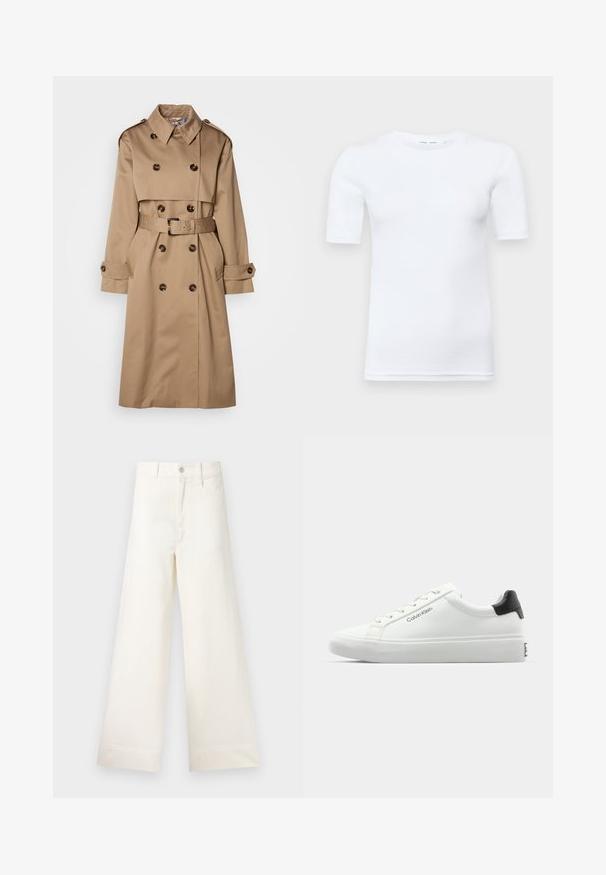 Hegyivarrású bézs trench coat sima anyagból, dupla gombolású dizájnnal, nagy gombokkal és deréknál illő övvel.; Fehér, rövid ujjú pamut póló. Kör alakú nyakkivágással és sima textúrával rendelkezik, a szegélyen minimális varrás látható.; Világos bézs pamut széles lábú nadrág. Magas derék, elülső zsebek és egyenes vonalú fazon jellemzi. Tiszta, mintázat nélküli hem befejezés.; Fehér sneaker sima felülettel, fekete sarok akcentussal és fűzős dizájnnal. Oldalán "Calvin Klein" márkázás található. Minimalista stílus.