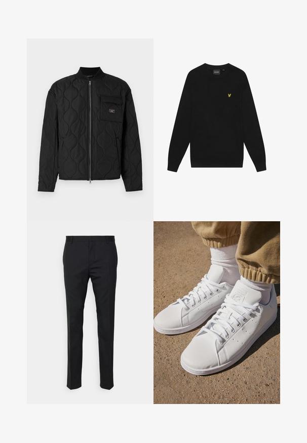 Guess Jeans QUILTED PUFFER JACKET - Overgangsjakke - jet black; Sort bomulds sweatshirts med lange ærmer og rund hals. Har et lille gult ørnelogo på brystet. Blød tekstur.; Sorte skræddersyede bukser med lige pasform, fremstillet af glat stof. Har bæltestropper og foldedetalje foran.; Hvide lædersneakers med en glat overflade, der har et klassisk snørebånddesign, perforeringer for åndbarhed og en tekstureret gummisål.