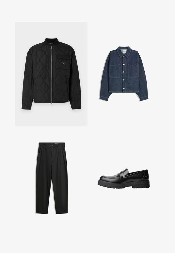 Guess Jeans QUILTED PUFFER JACKET - Könnyű dzseki - jet black; Sötétkék farmer rövid dzseki hegyes gallérral, két elülső zsebbel és ezüst gombos záródással. Látható varrási részletek jellemzik.; Fekete pamut nadrág laza szabással, klasszikus derékrésszel, elülső hajtásokkal és oldalsó zsebekkel. Simább textúra minta nélkül.; Fekete bőr loaferek vastag, bordázott talppal és díszcsíkkal az upper rész felett, bal oldali profilmódban, fehér háttér előtt.