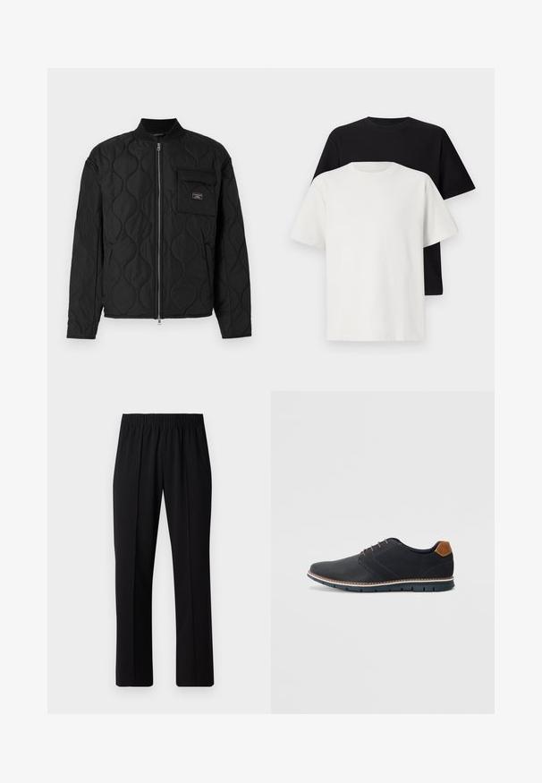 Guess Jeans QUILTED PUFFER JACKET - Könnyű dzseki - jet black; Pamut póló szett, amely egy fekete és egy fehér pólót tartalmaz, mindkettő rövid ujjú, környakú és normál fazonú. Texturált anyag.; Fekete, gumíros derekú nadrág egyenes szabással, sima felülettel, látható minták vagy fémrészek nélkül.; Fekete szintetikus cipők, textúrált felsőrésszel, sima díszítésekkel, barna sarkával és kontrasztos talppal. Minimális fűzéssel és varrási részletekkel rendelkezik.