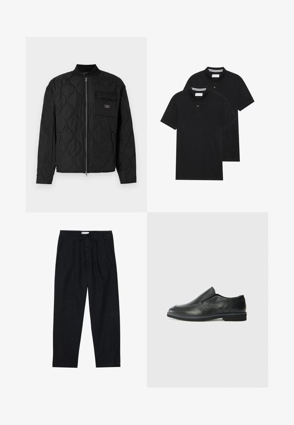 Guess Jeans QUILTED PUFFER JACKET - Viegla jaka - jet black; Divas melnas polo krekli, īsām piedurknēm, no kokvilnas materiāla, ar klasisku apkakli, divu pogu aizdari un balti svītroti akcenti apkakles iekšpusē.; Pier One Chinos tipa bikses - black; Melnas ādas slip-on kurpes ar gludu augšdaļu, izšūtām akcentiem, noapaļotu purngala daļu un zemu gumijas papēdi. Zole ar minimālu rakstu.