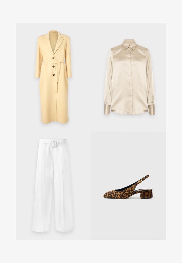 Marella ANDINA - Κλασικό παλτό - giallo; Μπεζ σατέν πουκάμισο με μυτερό γιακά, μακρύ μανίκι, κλείσιμο με κουμπιά και μανσέτες σε ελαφρώς πιο γυαλιστερή φινίρισμα. Χωρίς σχέδια ή διακοσμήσεις.; Φαρδιά λευκά λινά παντελόνια με ζώνη στη μέση που διαθέτει κυκλική πόρπη. Λείος υγρός με χαλαρή εφαρμογή, χωρίς ορατά σχέδια.; Γυναικείο παπούτσι slingback με λεοπάρ σχέδιο, χαμηλό φοντάκι και χρυσό κούμπωμα στη πλευρική ζώνη, εμφανιζόμενο σε προφίλ σε ουδέτερο φόντο.