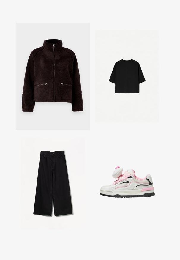 Samsøe Samsøe TARA JACKET - Fleecejas - chocolate torte; Zwart oversized T-shirt met korte mouwen, ronde halslijn en een rechte zoom. Gemaakt van zacht katoen met een gladde structuur. Alleen achteraanzicht.; Bershka WIDE-LEG - Wide leg - black; Witte en roze sneakers met een bovenwerk van mesh, een gevoerde tong en zwarte accenten. Dikke rubberen zool met een gestructureerd profiel voor grip.