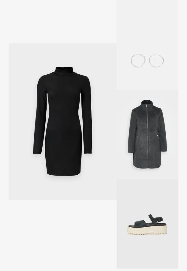 Σκούρο γκρι παλτό από μίγμα μάλλινου υφάσματος με ψηλό γιακά, κλείσιμο μπροστά με φερμουάρ και δύο πλαϊνές τσέπες με ασημί λεπτομέρειες. Ευθεία σιλουέτα, μέχρι το γόνατο.; Μαύρο ριμπ φόρεμα με μακριά μανίκια και ψεύτικο λαιμό, στενή σιλουέτα και λεία υφή. Μήκος έως το μέσο μηρό και χωρίς ορατά σχέδια ή διακοσμήσεις.; Μαύρα σουέτ παπούτσια πλατφόρμας με χοντρή λευκή σόλα, πλατιά μπροστινή λωρίδα και ρυθμιζόμενο κούμπωμα στον αστράγαλο. Με υφή στη σόλα για καλύτερη πρόσφυση.; Μαύρη δερμάτινη τσάντα ώμου με στρογγυλή μορφή, γυαλιστερή φινίρισμα και ασημί μεταλλικά μέρη. Άτομο που φοράει μαύρα παντελόνια με φαρδιά κόψιμο και loafers με διακοσμητικά τρουκς.; Ασημένια σκουλαρίκια κρίκοι με κομψό, στρογγυλό σχέδιο, που διαθέτουν λεία επιφάνεια και χωρίς ορατά διακοσμητικά στοιχεία. Η διάμετρος δεν αναφέρεται.