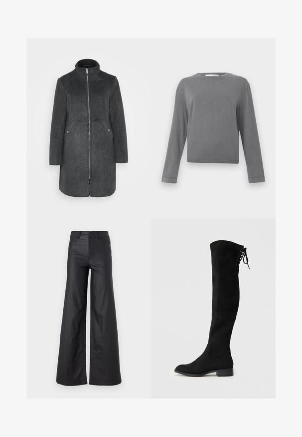 Tamsiai pilkas vilnos mišinys paltas su aukštu apykakle, priekyje užtraukiama uždanga ir dvi šoninės kišenės su sidabro akcentais. Tiesi silueto linija, iki kelių ilgio.; Ilgakojos, paprastas pilkas marškinėlis su apvalia apykakle, šiek tiek išplautu audinio tekstūros, rodomas prieš baltą foną.; Juodos, plačios kelnės iš dirbtinės odos. Yra aukštas liemuo, kilpelės diržui, dvi priekinės kišenės ir siuvinėti detalėmis.; Juodos su dirbtine oda, aukštakulnės batai iki kelių, su apvalia nosimi, plokščiu kulnu ir raišteliais nugaroje. Visur lygus paviršius.