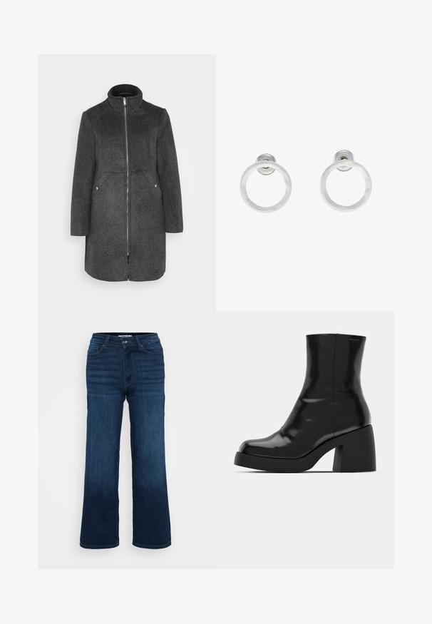 Temno siva volnena mešana plašča z visokim ovratnikom, sprednjim zadrgo in dvema stranskima žepoma s srebrnimi detajli. Ravnina silhuete, do kolen.; Even&Odd Petite 2 PACK - Top - light grey/black; ONLY Petite ONLMADISON BLUSH WIDE - Široke hlačnice - dark blue denim; Črne gležnjarje z sijajno površino, kvadratnim nosom in debelim blokskim peto. Oblikovanje izstopa s brezšivno silhueto in minimalnim logotipiranjem.; Srebrni kovinski obročasti uhani z brušenjem, s krožno obliko in prozornim zatičem za varno nošenje.