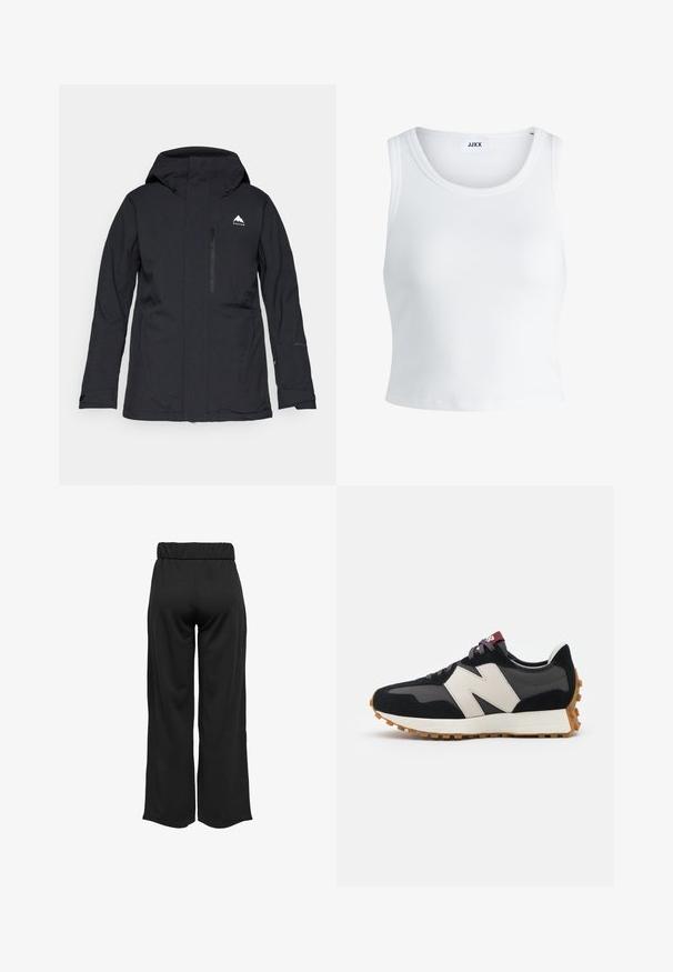 Black waterproof jacket with a hood, zippered front pocket, and elastic cuffs. Features a subtle white logo on the upper left side.; White ribbed tank top featuring a round neckline, sleeveless design, and a cropped length. Label reads "JJXX." Smooth fabric texture.; Black, wide-leg pants with an elastic waistband, made from smooth fabric. Features a clean design with no pockets or visible stitching details.; Black and gray suede sneaker with a large cream-colored "N" logo, purple laces, and a textured gum rubber outsole.