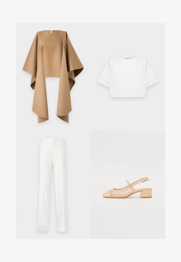 Nanushka KAMIN - Apmetnis - camel; Izgriezta balta T-krekla no mīksta auduma, ar īsām piedurknēm, apaļu apkakli un ribota apakšmala. Vienkāršs un neizpušķots dizains.; Baltas, taisnas bikses, izgatavotas no viegla auduma. Tām ir plakana priekšpuse, jostas cilpas un nav redzamu rakstu vai rotājumu.; Nude krēslu zābaki ar caurspīdīgu tīkla augšdaļu, noapaļotu purngalu un blokveida papēdi. Iekļauta smalka siksniņa ar zeltainas krāsas metāliskiem akcentiem.