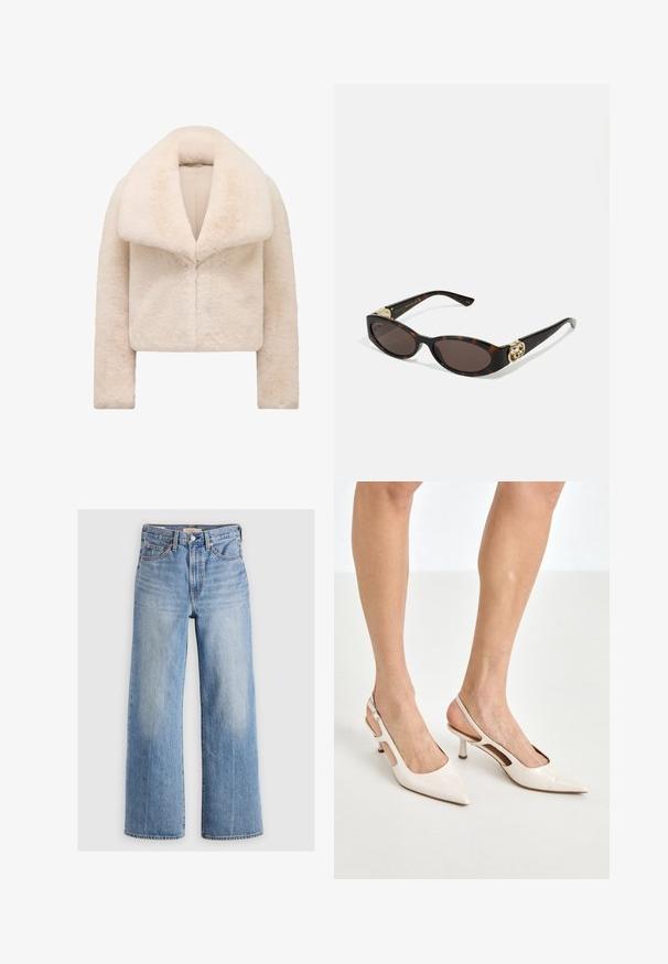 Korte, cropped ivoren nepbont jas met een brede, zachte kraag en lange mouwen. Heeft een strakke sluiting aan de voorkant en een gestructureerd, pluche oppervlak.; Langarm turtleneck top in een lichtbeige kleur. Gemaakt van een zachte, rekbare stof met een comfortabele pasvorm en een omgevouwen halslijn.; Lichtblauwe denim wijde broek met hoge taille, vervaagde plekken, vijf zakken en contrasterende stiksels. Klassieke knoop- en ritssluiting.; Beige gepatineerde leren slingback hakken met een spitze neus en een hak van 5 cm, met uitsparingen aan de zijkanten en een dunne enkelband.; Schildpadbril met langwerpige ovale lenzen, bruine tint, gouden logo-accenten op de pootjes en slanke zwarte armen.; Gebogen crèmekleurige leren handtas met een enkele schouderband, gouden hardware en subtiele branding aan de onderkant. Rits sluiting langs de bovenrand.; Gouden halsketting met een bladontwerp en getextureerde details. Het stuk heeft een kettingsluiting en een natuurlijke, vloeiende vorm.
