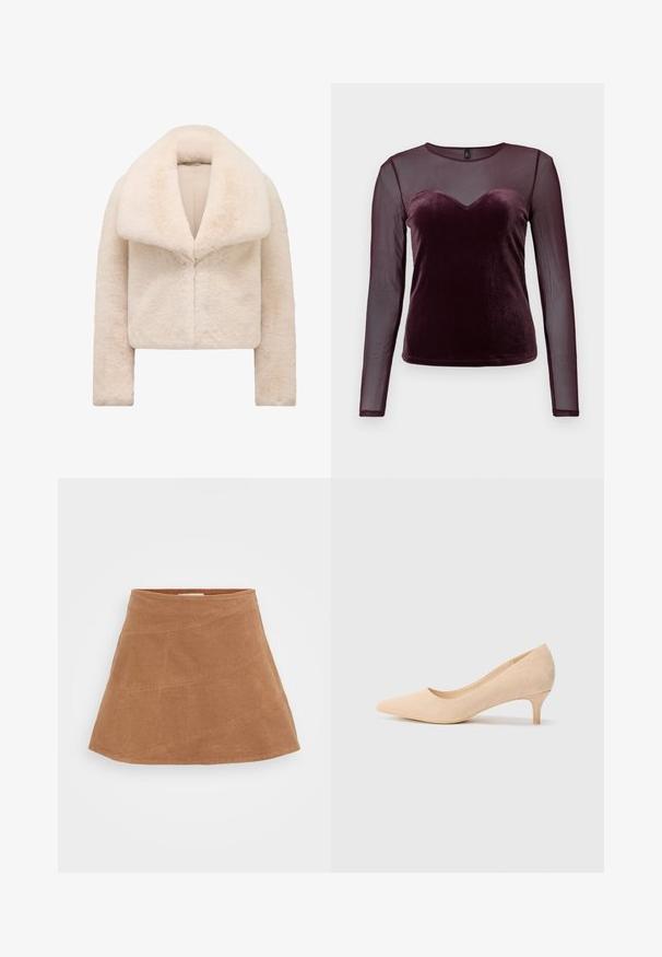 Krótkie, krótko przycięte, kremowe futro syntetyczne z szerokim, miękkim kołnierzem i długimi rękawami. Posiada elegancki przód z zapięciem i teksturowaną, pluszową powierzchnię.; Bordowy top z długim rękawem z aksamitnym korpusem, serduszkowym dekoltem i przezroczystymi siateczkowymi rękawami, gładką fakturą i dopasowanym krojem.; Brąspiana mini spódnica z korduroyu o rozkloszowanym kształcie, z ukośnymi szwami i gładką fakturą. Płaski pas na górze.; Beżowe zamszowe szpilki z ostrym noskiem i smukłym, 5-centymetrowym obcasem. Gładka tekstura z minimalnym zdobieniem na górnej powierzchni.