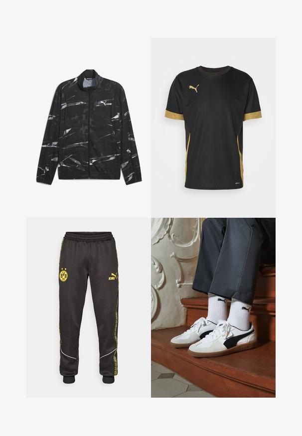 Schwarze Jacke mit einem weißen abstrakten Muster und einem Reißverschluss vorne, mit einem Puma-Logo auf der Brust. Entworfen für Sportbekleidung oder lässige Nutzung.; Schwarzes Sport-T-Shirt mit goldenen Akzenten an denÄrmeln und an der Seite. Verfügt über einen Rundhalsausschnitt, kurze Ärmel und feuchtigkeitsableitendes DRYCELL-Gewebe.; Schwarze Sporthose mit gelben Borussia Dortmund BVB 09- und Puma King-Logos, elastischem Bund und gemusterten gelben Seiteneinsätzen.; Puma-Sneaker aus weißem und schwarzem Wildleder mit einer braunen Gummisohle. Kombiniert mit weißen Socken, die ein schwarzes Logo zeigen, getragen zu dunklen Hosen.
