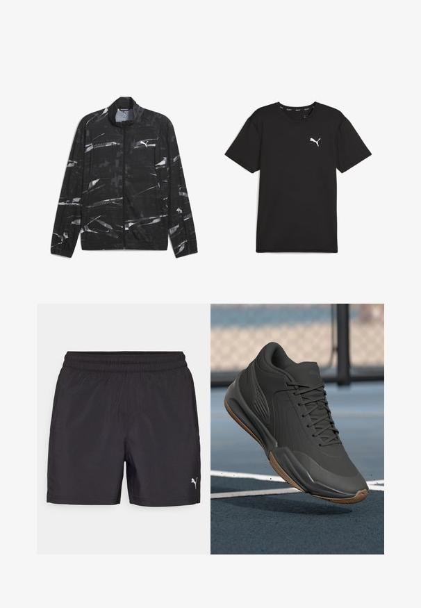 Schwarze Jacke mit einem weißen abstrakten Muster und einem Reißverschluss vorne, mit einem Puma-Logo auf der Brust. Entworfen für Sportbekleidung oder lässige Nutzung.; Schwarz, kurzärmliges Sport-T-Shirt aus synthetischem Fabric, mit einem weißen Puma-Logo auf der oberen linken Brust. Glatte Textur, Rundhalsausschnitt.; Schwarze Sportshorts mit elastischem Bund, aus leichtem Material gefertigt, mit einem kleinen weißen Logo an der unteren Seite.; Schwarzer Sportschuh mit glattem Synthetik-Obermaterial, strukturierten Akzenten und einer Gummisohle, die für Leistung und Komfort entwickelt wurde.