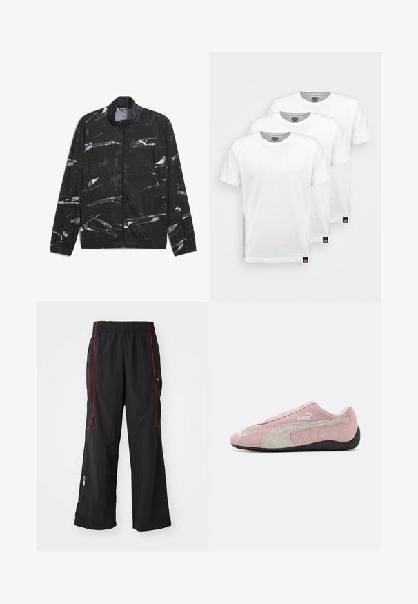 Casaco preto com um padrão abstrato branco e fecho éclair frontal, apresentando um logótipo da Puma no peito. Projetado para vestuário ativo ou uso casual.; Três t-shirts de algodão brancas simples com mangas curtas. Cada t-shirt possui uma gola redonda e uma pequena etiqueta de logotipo preta no lado esquerdo.; Calças atléticas pretas com um cós elástico, piping lateral vermelho, bolsos com fecho e um corte largo. Feitas de um material leve e texturizado.; Sapatilha de camurça rosa com detalhes em cinza, design aerodinâmico, parte superior texturizada e sola de borracha preta. Apresenta o logo da Puma na lateral.