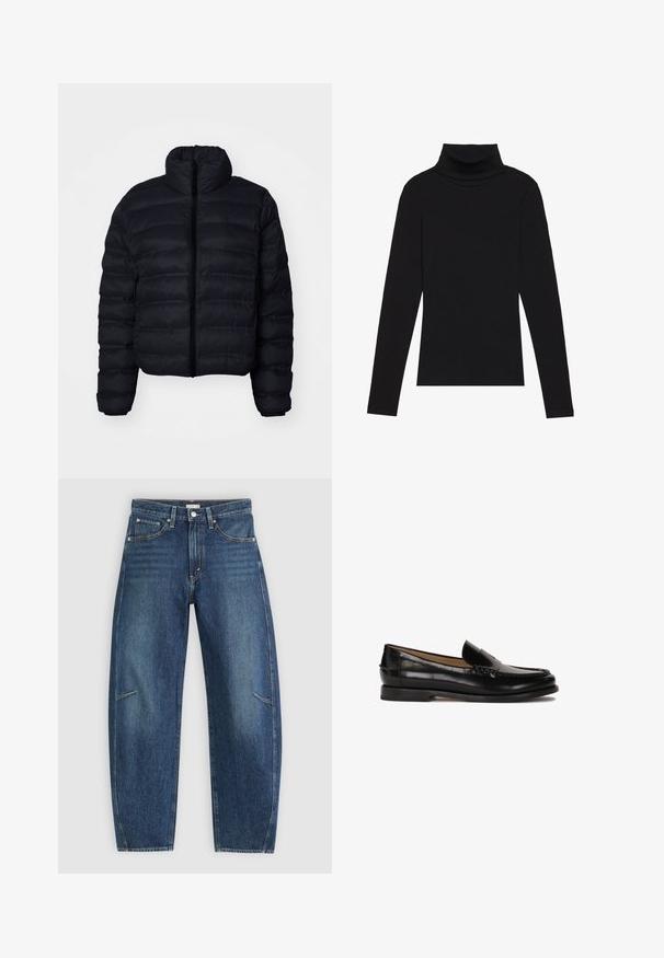Schwarze Pufferjacke mit hohem Kragen, ausgestattet mit einem Reißverschluss und gestepptem Material. Kurzes, tailliertes Design mit elastischen Bündchen.; Schwarzes langärmeliges Turtleneck-Oberteil aus geripptem Stoff, mit einer taillierten Passform, hohem Kragen und ohne Muster oder Akzente.; Dunkelblaue Jeans aus Denim mit geradem Bein, ausgestattet mit Vorderaschen, Kontrastnähten und einer dezenten, ausgewaschenen Textur an den Beinen.; Schwarzer Lederloafer mit runder Zehenpartie, schlupfendem Design und dezenten Nahtdetails entlang des Oberteils. Flache Gummisohle.