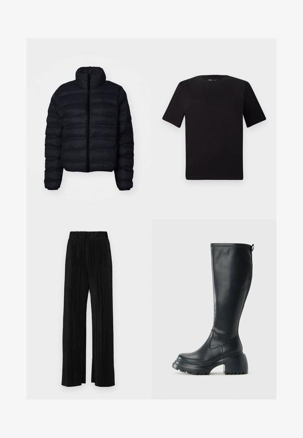 Schwarze Pufferjacke mit hohem Kragen, ausgestattet mit einem Reißverschluss und gestepptem Material. Kurzes, tailliertes Design mit elastischen Bündchen.; Schwarzes T-Shirt mit kurzen Ärmeln und Rundhalsausschnitt, aus weichem Baumwollmaterial gefertigt. Schlichtes Design, keine sichtbaren Logos oder Muster.; Schwarze plissierte Hose mit elastischem Bund. Verfügt über weite Hosenbeine und einen glatten, strukturierten Stoff mit vertikalen Streifen.; Hoher schwarzer Lederstiefel mit einer robusten Plateausohle und Blockabsatz, der über eine Zuglasche und ein strukturiertes Profil an der Außensohle verfügt.