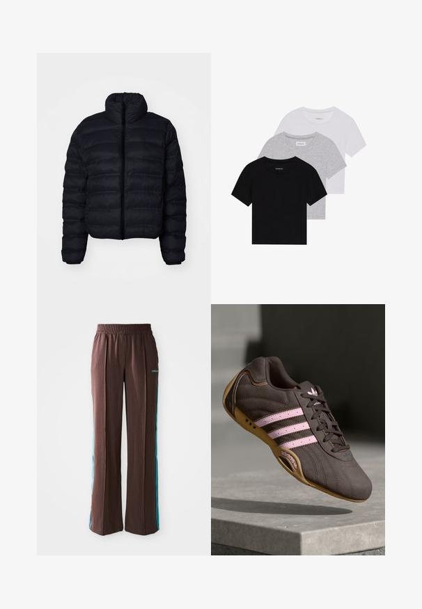 Melnā pūkainā jaka ar augstu apkakli, kas aprīkota ar rāvējslēdzēju un tādām šuvju tekstūrām. Īsa, piegriezta konstrukcija ar elastīgām piedurknēm.; Trīs īsām piedurknēm T-krekli melnā, pelēkā un baltā krāsā. Izgatavoti no kokvilnas, ar apaļu kakla izgriezumu un vienkāršu, viendabīgu krāsas dizainu.; Brūni sporta bikses ar ribotu faktūru, elastīgu jostasvietu un tirkīza sānu svītrām. Priekšpusē ir adidas logo.; Brūni zamšādas sporta apavi ar rozā svītrām un logo, ar teksturētu virsmu, šņorēšanas aizdari un gumijas zoli.