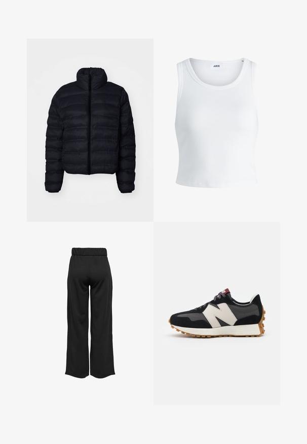 Jachetă puf cu glugă neagră, având un guler înalt, cu închidere prin fermoar și textură matlasată. Design scurt, cropped, cu manșete elastice.; Top alb cu detalii texturate, cu guler rotund, fără mâneci și lungime scurtă. Eticheta spune "JJXX." Textură de țesătură netedă.; Pantaloni negri, cu croi larg și talie elastică, realizați dintr-un material neted. Au un design simplu, fără buzunare sau detalii de cusătură vizibile.; Adidași din suede negru și gri cu un mare logo "N" de culoare crem, sireturi purpurii și o talpă din cauciuc texturat de culoare gumă.