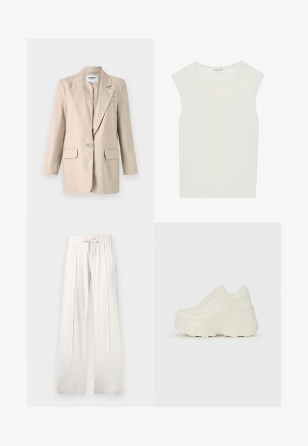 Bež žakardni blazer z izrezanim ovratnikom, enojnim gumbom, dvema sprednjima žepoma in dolgimi rokavi. Gladka tekstura in prilagojen kroj.; Bela brezrokavnica s okroglim izrezom. Narejena iz gladkega materiala, ima sproščen kroj in minimalističen dizajn. Brez vzorcev ali okrasnih elementov.; Svetlo bež trenirke, izdelane iz mehkega blaga, s punch rezom v pasu, širokimi nogami in vertikalnimi šivi ter gladko teksturo.; Bele platformske tene z belim zgornjim delom, ki spominja na usnje, okroglo obliko, oblazinjen ovratnik ter gumo z teksturo na podplatu z izrazitimi profili.