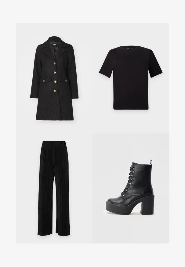 Black wool blend coat with a notched collar, gold buttons, two front pockets, and a textured finish. Closed, knee-length design.; Black short-sleeve t-shirt with a round neckline, crafted from soft cotton fabric. Simple design, no visible logos or patterns.; Black pleated trousers with an elastic waistband. Features wide legs and a smooth, textured fabric with vertical stripes.; Black leather ankle boot with a chunky block heel, lace-up front, and textured surface. Features a tab on the back for easy wear.