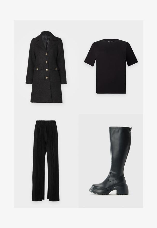 Melnas vilnas maisījuma mēteles ar iegrieztu apkakli, zeltītām pogām, divām priekšējām kabatām un teksturētu apdari. Aizvērta, līdz ceļiem gara.; Melnas īsām piedurknēm T-krekls ar apaļu kakla izgriezumu, izgatavots no mīksta kokvilnas auduma. Vienkāršs dizains, bez redzamām logo vai rakstiem.; Melni plīšu bikses ar elastīgu jostu. Tām ir platākas kājas un gluda, teksturēta auduma ar vertikālām svītrām.; Augstas melnas ādas zābakus ar masīvu platformu un bloka papēdi, ar vilkšanas cilpu un strukturētu profilu uz ārējā zoles.