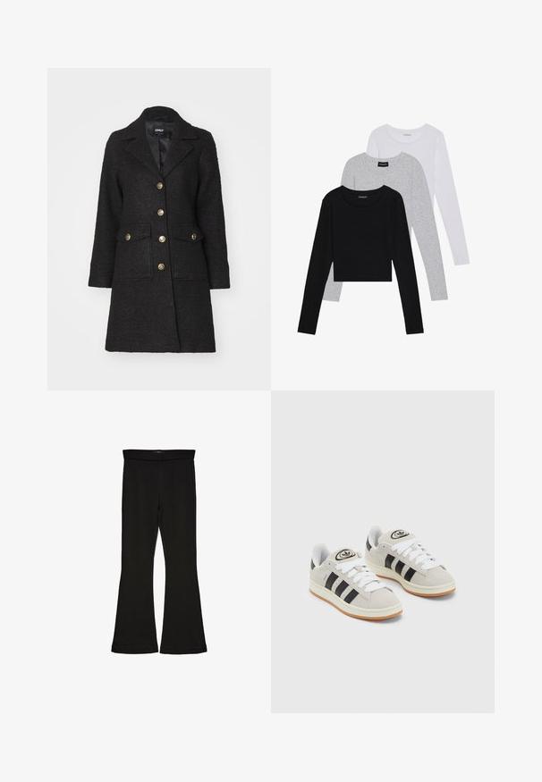 Cappotto in misto lana nero con collo a rever, bottoni dorati, due tasche frontali e finitura testurizzata. Design chiuso, lunghezza al ginocchio.; Tre magliette a maniche lunghe impilate: nera, grigia e bianca. Ognuna ha un colletto rotondo e un design accorciato con tessuto morbido e leggero.; Leggings a zampa nera realizzati in un tessuto elasticizzato. Presentano una vita alta e una superficie liscia, con una silhouette aderente che si ampia all'orlo.; Sneakers in suede grigio con lacci bianchi, strisce nere e suola in gomma bianca. Presentano un logo circolare sulla linguetta e una suola in gomma.