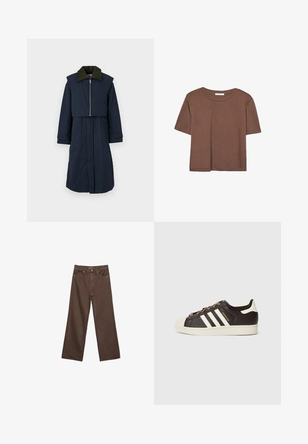 Object OBJPHOEBE COAT 2 IN 1 - Trench - sky captain; T-shirt marron à manches courtes en tissu doux, avec un col rond et une coupe décontractée. Aucun motif ni accent visible.; Jean brown à jambes larges en denim, doté d'une taille haute, de poches avant et d'une fermeture à bouton classique. Texture lisse avec des coutures subtiles.; Baskets basses Adidas Superstar en cuir marron foncé avec embout coquille crème, bandes blanches et texte "Superstar" sur le côté.