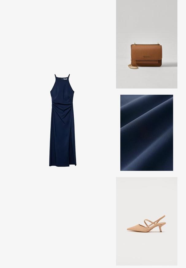 Mornarska tkanina z gladko teksturo, ki vsebuje subtilno izbočene vzorce. Material izgleda lahkoten in trpežen, z mat površino.; Mornarsko modra brezrokavna obleka s prilegajočim zgornjim delom, drapiranimi stranskimi detajli in stranskim razporkom. Gladka tkanina in zadrga na hrbtni strani.; Cipiče z ravnim nosom v nude barvi z minimalnimi trakovi, narejene iz gladkega materiala, z 2-palčnim stiletto peto.; Rjava teksturirana usnjena torba čez ramo z zlatim verižnim trakom in zapiranjem na pokrov. Spredaj je vidna podrobnost logotipa in žep pod pokrovom.