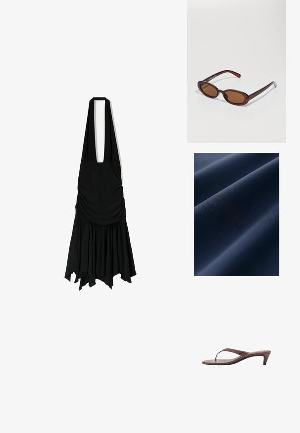 Marine stof met een gladde textuur, voorzien van subtiel verhoogde patronen. Het materiaal lijkt lichtgewicht en duurzaam, met een matte afwerking.; Zwarte jurk met een halternek, een gerimpelde borst en een uitlopende zoom. Gemaakt van zachte stof, met ongelijke, vloeiende randen.; Bruine hakken flip-flop sandaal met een slanke band en ronde teenpost, met een kleine gouden accent op de voetbed.; Ronde, bruin getinte zonnebril met een glanzend bordeauxrood frame. Slanke pootjes met subtiele merkdetails. Vlakke lensontwerp.