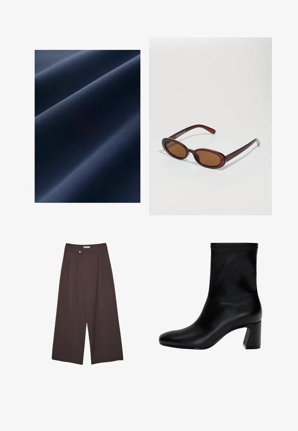 Mornarska tkanina s glatkom teksturom, koja sadrži suptilno uzdignute uzorke. Materijal izgleda lagano i izdržljivo, s mat finišem.; Bijela off-shoulder pulover izrađen od rebraste trake, sa dugim rukavima, uskim rubom i teksturiranim uzorkom kroz cijelu površinu.; Široke smeđe hlače s prugama, s pojasom na dugmad i petljama za remen, prikazane ravno na bijeloj pozadini.; Crne gležnjače od glatke kože. Imaju kvadratni vrh, elastični gornji dio i masivnu petu za stabilnost. Minimalistički dizajn.; Okvir okruglih, smeđkastih sunčanih naočala s sjajnim burgundskim okvirom. Uski nositelji s suptilnim brendiranjem. Ravna leća.; Crna kožna hobo torba s mekanim, zakrivljenim oblikom. Ima široku gornju dršku i nabore na dnu koji daju opuštenu teksturu.