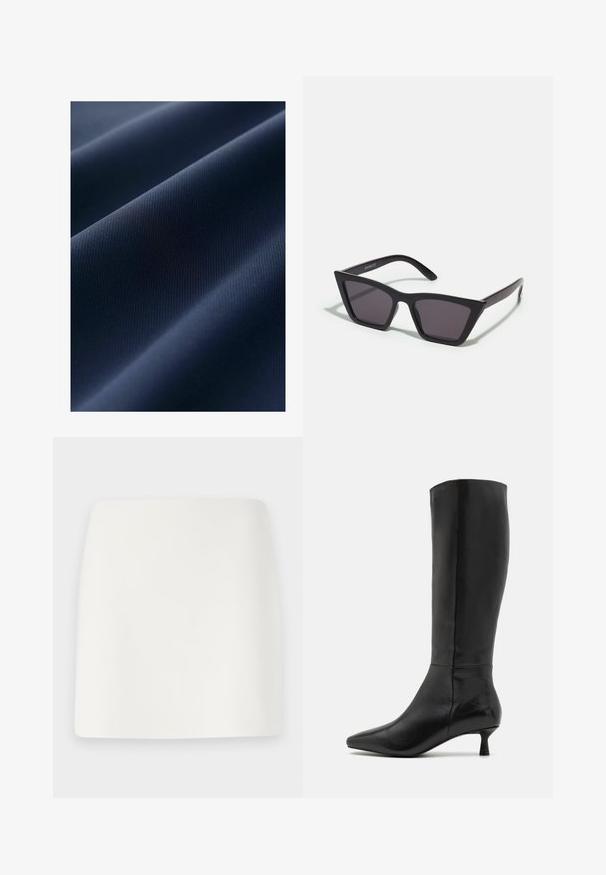 Granatowa tkanina o gładkiej fakturze, z delikatnie wypukłymi wzorami. Materiał wydaje się lekki i trwały, o matowym wykończeniu.; Długi czarny top z miękkiego materiału, z szerokim dekoltem i nieco luźnym krojem, bez widocznych wzorów ani elementów metalowych.; Biała, dopasowana mini spódnica o gładkiej fakturze i prostych liniach. Brak widocznych wzorów i akcesoriów. Prosty dół.; Zign - Kozaki; Czarne, kanciaste okulary przeciwsłoneczne z szarymi soczewkami; wykonane z plastiku, z grubymi zausznikami o gładkiej powierzchni i bez widocznych elementów metalowych.