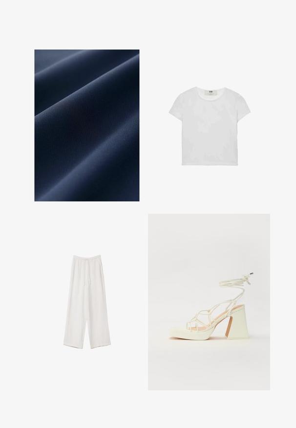 Granatowa tkanina o gładkiej fakturze, z delikatnie wypukłymi wzorami. Materiał wydaje się lekki i trwały, o matowym wykończeniu.; Biała koszulka z krótkim rękawem i okrągłym dekoltem, wykonana z miękkiej bawełny, charakteryzująca się prostym, czystym wzorem bez widocznych zdobień ani akcentów.; Białe spodnie o szerokich nogawkach wykonane z lekkiego materiału. Posiadają elastyczny pas z sznurkiem i boczne kieszenie. Gładka tekstura.; Biała sandał na wysokim obcasie z masywnym słupkiem, z paskowym wzorem i wiązaniem przy kostce. Gładka faktura z platformą z przodu dla dodatkowej wysokości.