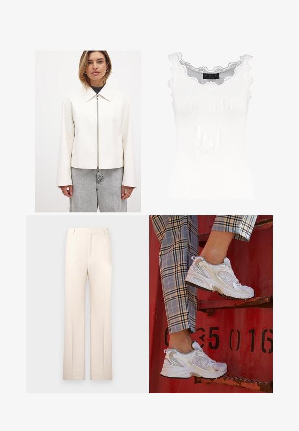 Ievērojami saīsināta baltā mākslīgā ādas jaka ar salocītu apkakli, priekšpusi ar rāvējslēdzēju un platām piedurknēm, apvienota ar gaiši pelēkām džinsām. Gluda tekstūra, minimālistisks dizains.; Balta ribota bezpiedurknes blūze ar mežģīņu apdari kakla izgriezumā un piedurknēs. Piedāvā maigu tekstūru un piegulošu formu. Zīmola etiķete redzama iekšpusē.; Beige izstrādāti bikses ar taisnu kāju dizainu, izgatavotas no viegla auduma. Iekļauj priekšējos plecus un klasisku jostasvietu.; Baltas režģa sporta apavi ar sudraba akcentiem un teksturētu zoli, novietoti uz sarkanas virsmas, kombinēti ar kostīmpantaloniem ar kvadrātiem.