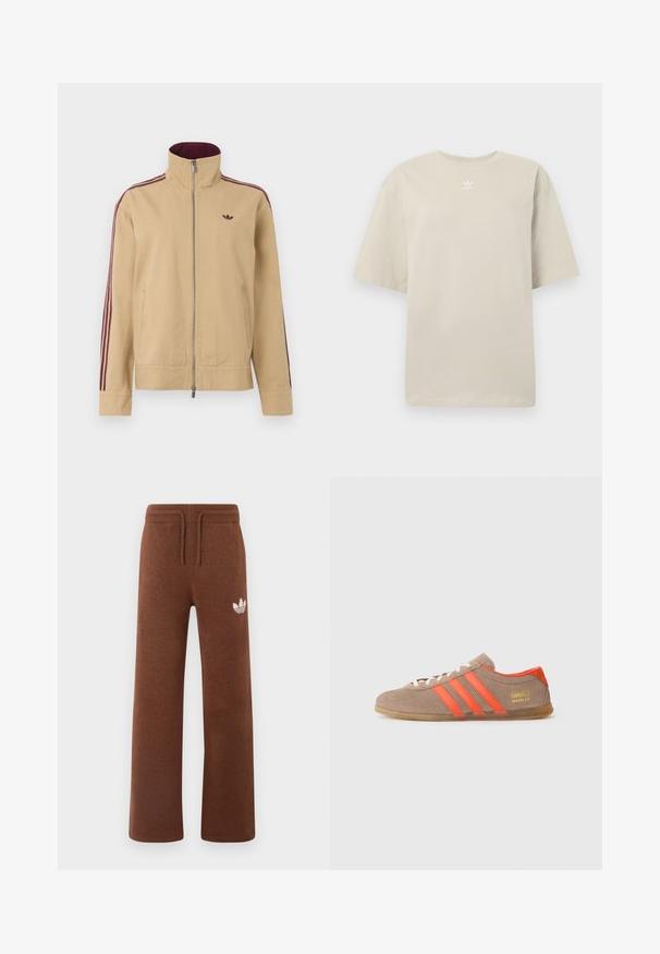 Beige jakke med høy krage, glidelås og to sidelommer. Har maroon stripete detaljer på ermene og en liten logo på brystet.; Beige kortermet T-skjorte laget av bomull, med rund hals og liten hvit Adidas-logo trykt på brystet. Myk tekstur, ledig passform.; Brune joggebukser i mykt stoff med avslappet passform, med elastisk liv og snøring, samt en hvit logo på venstre lår.; Brune suedetennissko med tre lyse oransje striper, snøring foran og gylden "Gazelle"-merking på siden. Flat gummisåle.