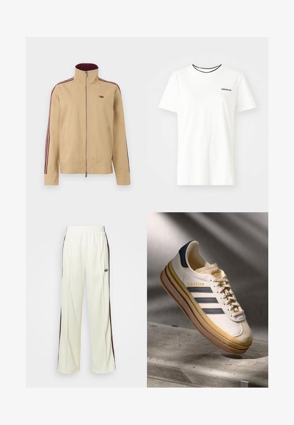 Casaco bege com gola alta, fecho de correr e duas bolsos laterais. Apresenta detalhes em listras maroon nas mangas e um pequeno logotipo no peito.; T-shirt de algodão branca com mangas curtas e decote redondo. Apresenta um logo preto da Adidas no peito e uma gola interna preta em contraste.; Calças de moletom de cor creme com um ajuste descontraído, apresentando riscas laterais castanhas-escuras e um logótipo bordado na coxa esquerda.; Sapatilha Adidas Gazelle com parte superior em camurça creme, detalhes em couro azul, três riscas azuis, entresola bege e sola de borracha castanha.