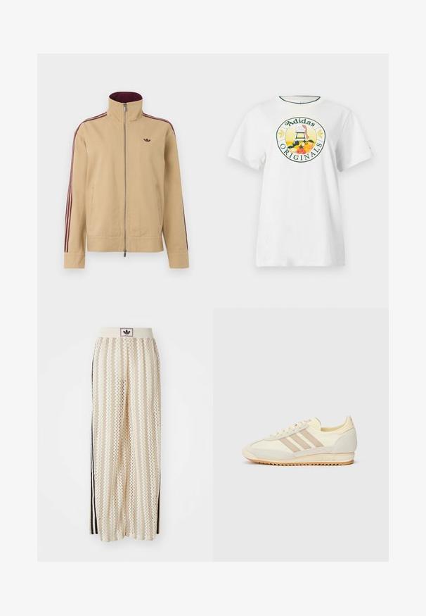 Μπεζ ζακέτα με ψηλό γιακά, κλείσιμο με φερμουάρ και δύο πλαϊνές τσέπες. Διαθέτει μαρουνί ρίγες στα μανίκια και ένα μικρό λογότυπο στο στήθος.; Λευκό βαμβακερό πόλο με κοντά μανίκια, διακοσμημένο με έναν στρογγυλό γραφικό λογότυπο σε πράσινο και κίτρινο, που εμφανίζει "Adidas Originals" και σχέδια φρούτων.; Κρεμ παντελόνια σε άλμα με ευρεία γραμμή και μοτίβο ζικ-ζακ, διαθέτοντας ζώνη με μαύρο λογότυπο και πλευρικές μαύρες ρίγες. Ελαφρύ, υφασμάτινο ύφασμα.; Κρέμ αθλητικό παπούτσι με τρία μπεζ λωρίδες, υλικά από σουέτ και ύφασμα, υφασμένη σόλα και ανάγλυφο λογότυπο στη φτέρνα.