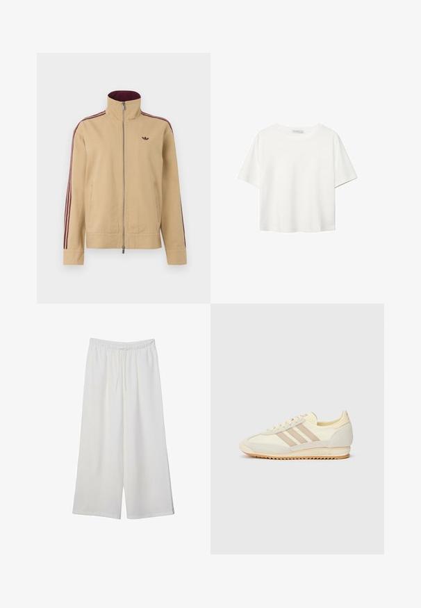 Beige jacka med hög krage, dragkedja och två sidofickor. Har vinröda randiga detaljer på ärmarna och en liten logotyp på bröstet.; Vit t-shirt med kort ärm i bomull. Har en rundad halsringning och en avslappnad passform. Slät textur utan synliga mönster eller detaljer.; Vita vida byxor i lätt tyg med elastisk midja och dragsko för justerbar passform. Mjuk textur.; Krämfärgade atletiska sneakers med tre beige ränder, i mocka och textilmaterial, med en texturerad sula och präglad logotyp på hälen.
