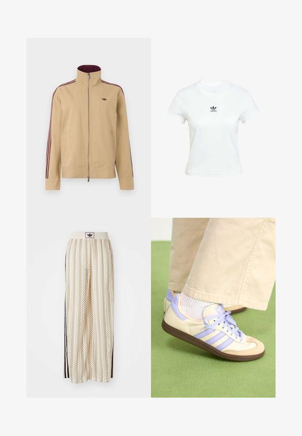 Beżowa kurtka z wysokim kołnierzem, zamkiem błyskawicznym i dwiema bocznymi kieszeniami. Posiada bordowe paski na rękawach oraz małe logo na klatce piersiowej.; Biała bawełniana koszulka z krótkim rękawem i okrągłym dekoltem. Posiada czarne logo Adidas nadrukowane na piersi. Prosty, minimalistyczny design.; Kremowe szerokie spodnie w stylu palazzo z wzorem w zygzak, z czarnym paskiem z logo oraz bocznymi czarnymi paskami. Lekki, teksturowany materiał.; Kremowe i lawendowe trampki z trzema paskami oraz teksturowaną brązową podeszwą, wyposażone w sznurówki i wyścieloną piętę. Górna część z miękkiego materiału.