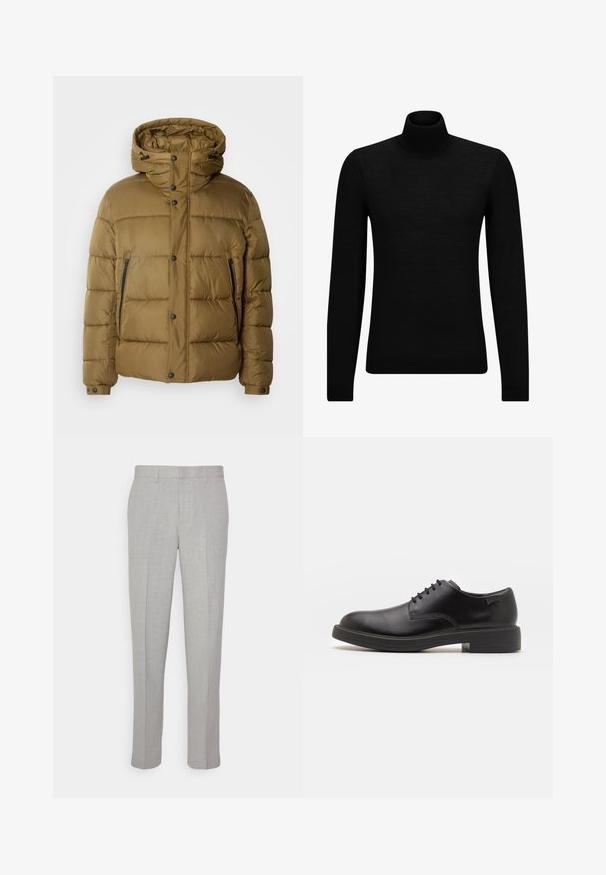 Alyvuogių žaluma pūkinė striukė su kapišonu, su spaudėmis, dviem užtrauktukais uždaromomis kišenėmis ir siuvinėta struktūra, skirta geresnei izoliacijai.; Juodas aukšto kaklo megztinis, pagamintas iš minkštos medžiagos, su ilgomis rankovėmis ir prigludusia forma. Su raukiniais apačioje ir rankogaliuose. Paprastas dizainas.; Šviesiai pilki kelnės su lygiu paviršiumi, plokščiu priekiu ir tiesiomis kojomis. Pagamintos iš kvėpuojančios medžiagos, su vidinėmis kišenėmis ir diržo kilpomis.; Juodas odinis batų modelis su raišteliais, apvaliu nosiu, lygiu paviršiumi, minimaliai siuvinėjimu ir žemu guminėmis pakulne. Ant pakulnės šalia logo.