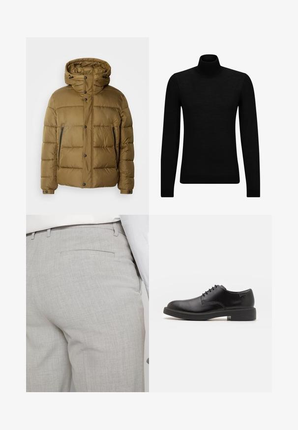 Olive green puffer jacket, hooded, featuring snap buttons, two zippered pockets, and a quilted pattern for enhanced insulation.; Black turtleneck sweater made of soft material, featuring long sleeves and a snug fit. Ribbed trim at the hem and cuffs. Simple design.; Light gray tailored trousers made of textured fabric, featuring a single back pocket and clean stitching.; Black leather lace-up shoe with a rounded toe, smooth texture, minimal stitching, and a low rubber heel. Logo on the heel.