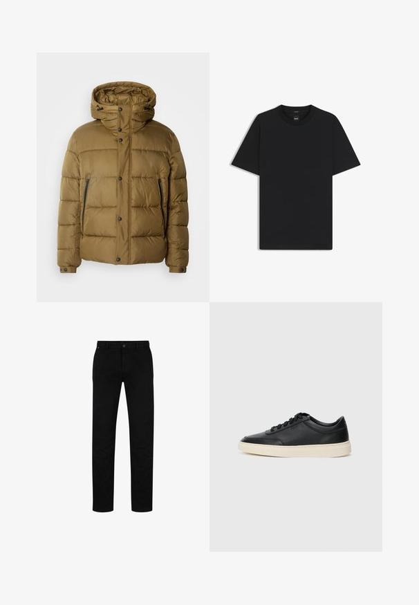 Zielona oliwkowa kurtka typu puffer, z kapturem, z zatrzaskami, dwoma kieszeniami na zamek błyskawiczny oraz pikowanym wzorem dla lepszej izolacji.; Czarny t-shirt krótki rękaw wykonany z gładkiej mieszanki bawełny, z okrągłym dekoltem i minimalistycznym designem bez wzorów czy akcentów.; Czarne bawełniane spodnie o prostym kroju, z zapięciem na guziki, paskami do paska oraz minimalistycznym wzornictwem. Gładka tekstura, bez wzorów.; Czarne niskie skórzane sneakersy z czarnymi sznurówkami i off-white podeszwą, prezentowane w profilu bocznym na białym tle.