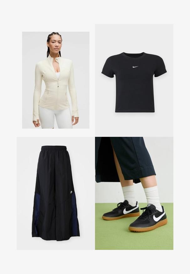 Svijetlosmeđi zip-up jakna s visokim ovratnikom, dugim rukavima i dva prednja džepa. Glatka, rastezljiva tkanina s detaljima šavova.; Crna majica kratkih rukava od pamuka s okruglim izrezom. Ima bijeli Nike logotip na prsima, minimalistički dizajn i oblik koji prati liniju tijela.; Crne hlače širokih nogavica izrađene od lagane tkanine, sa tamnoplavim bočnim panelom i elastičnom stražnjom trakom. Mali bijeli logo je na dnu.; Crne kožne i sintetičke tenisice s bijelim Nike swooshom, gumeni potplat, okrugli vrh i crne vezice. Vidljive rebraste bijele čarape.