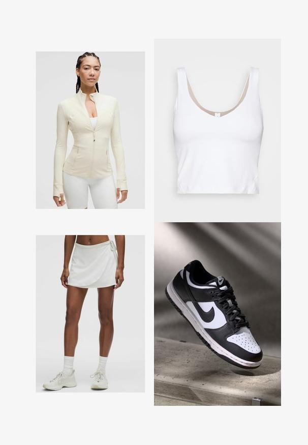Jachetă crem deschis, cu fermoar, guler înalt, mâneci lungi și două buzunare frontale. Material elastic, neted, cu detalii ale cusăturii.; Top alb croptop cu decolteu rotund și bretele largi. Fabricat dintr-un material neted și elastic, având un accent de căptușeală bej la decolteu.; Fustă sport albă cu design înfășurat, realizată dintr-un material neted. Are o legătură pe lateral și este asortată cu teniși și șosete de culoare deschisă.; Pantofii Nike Dunk Low în alb și negru, cu partea superioară din piele, cutie a degetelor perforată și șireturi negre, având o talpă albă și accente cu logo.