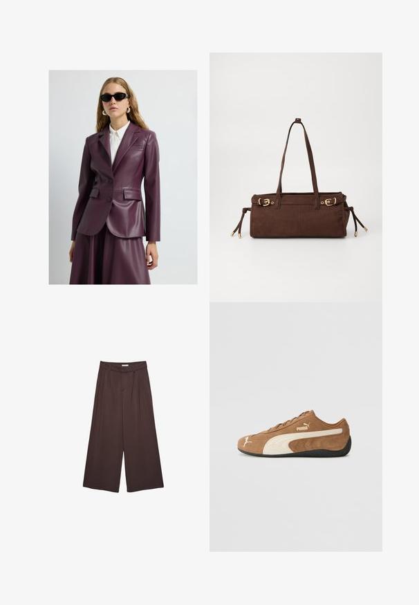 Blazer en cuir couleur prune avec deux boutons, revers crantés et poches latérales, porté sur une chemise blanche à col. Texture lisse et coupe ajustée.; Pull en tricot beige avec un col montant, une fermeture éclair mi-longue et des manches à épaule tombante. Comprend un ourlet et des poignets côtelés.; Pantalons larges marron en tissu doux, dotés de plis à la taille et de poches latérales. Silhouette ajustée avec un ajustement confortable.; Baskets basses en daim marron avec des accents crème, surface texturée, semelle en caoutchouc noir et logo brodé sur le côté et la languette.; Sac cabas en suède marron avec deux poignées, accents en métal doré et liens latéraux ajustables. Comprend une fermeture éclair et une texture lisse.