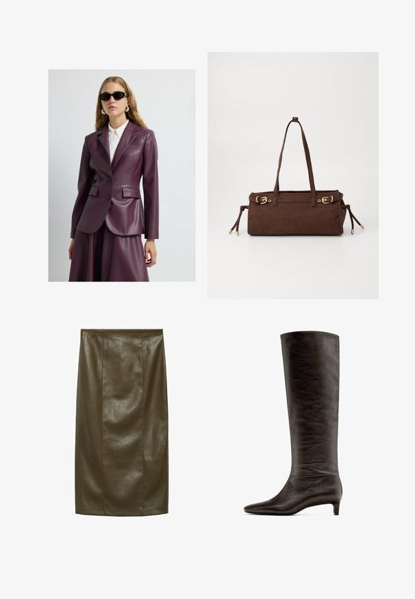 Sakař v barvě švestky z kůže se dvěma knoflíky, klopovými límci a bočními kapsami, nošené přes bílou košili s límečkem. Hladká textura a přizpůsobený střih.; Krémový pletený svetr s kulatým výstřihem, žebrovanými manžetami a lemem. Měkká textura s mírně volným střihem, s jednoduchým a čistým designem.; Sukně v olivově zelené barvě z umělé kůže s hladkým povrchem, délka po kolena, s vertikálními švy pro přizpůsobený vzhled.; Černá kožená kozačka sahající po koleno s špičatou špičkou a štíhlým podpatkem. Hladká textura s mírně pomačkaným povrchem. Bez viditelných kovových částí.; Hnědá semišová taška přes rameno se dvěma ramenními popruhy, zlatými kovovými detaily a nastavitelnými bočními stahovacími šňůrkami. Obsahuje zipové uzavření a hladký povrch.