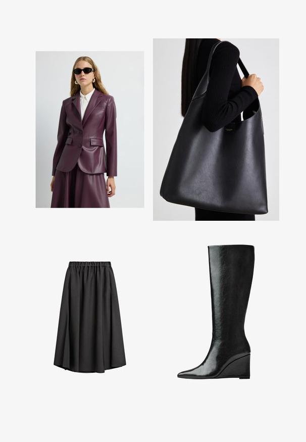 Skórzana marynarka w kolorze śliwkowym z dwoma guzikami, klapami fasonu notch i kieszeniami po bokach, noszona na białej koszuli z kołnierzykiem. Gładka faktura i dopasowany krój.; Czarny krótki top z rękawem, z okrągłym dekoltem, z plisowanymi detalami i dopasowanym fasonem, który rozszerza się na dole. Wykonany z miękkiego materiału.; Czarna midi spódnica wykonana z lekkiego, płynącego materiału, z elastycznym pasem i delikatną sylwetką w kształcie litery A. Bez widocznych wzorów ani akcentów.; Czarne skórzane kozaki sięgające do kolan, z eleganckim, spiczastym noskiem i obcasem w kształcie klina. Powierzchnia jest gładka o błyszczącym wykończeniu.; Czarna skórzana torba tote o gładkiej fakturze, w oversize'owym kształcie, z jedną regulowaną rączką. Posiada złoty akcent w postaci logo.