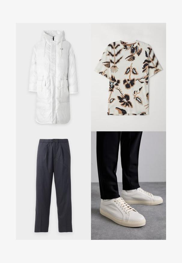 Λευκό μπουφάν με κουκούλα, που διαθέτει πλήρες φερμουάρ, δύο μπροστινές τσέπες και ρυθμιζόμενα κορδόνια στη μέση και την κουκούλα.; T-shirt κοντό μανίκι κατασκευασμένο από μαλακό ύφασμα, με κρεμ φόντο και αφηρημένα λουλουδάτα σχέδια σε μαύρο, καφέ και ανοιχτό μπλε χρώμα.; Σκούρο ναυτικό παντελόνι από μαλακό ύφασμα με πτυχές στο μπροστινό μέρος και ελαστική μέση. Διαθέτει κούμπωμα με κουμπί και ίσια γραμμή.; Ανοιχτό χρώμα μπεζ δερμάτινα αθλητικά παπούτσια με επίπεδα κορδόνια, υφή στην επιφάνεια, και αντίθετη λευκή καουτσούκ σόλα, συνδυασμένα με μαύρα στενά παντελόνια.