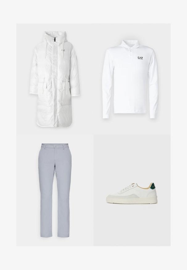 Bílá péřová bunda s kapucí, vybavená plným zipem, dvěma předními kapsami a nastavitelnými šňůrkami v pase a na kapuci.; Bílá dlouhý rukáv polo tričko vyrobené z bavlny, s klasickým límcem, třemi knoflíky a černým logem EA7 na hrudi.; Světle šedé kalhoty s rovným střihem, zapínáním na knoflík, předními kapsami a hladkým, texturovaným materiálem. Minimalistický design, bez vzorů.; Bílé tenisky se semišovými prvky, kulatou špičkou, plochými tkaničkami a krémovou gumovou podrážkou. Na patě mají zelené logo.